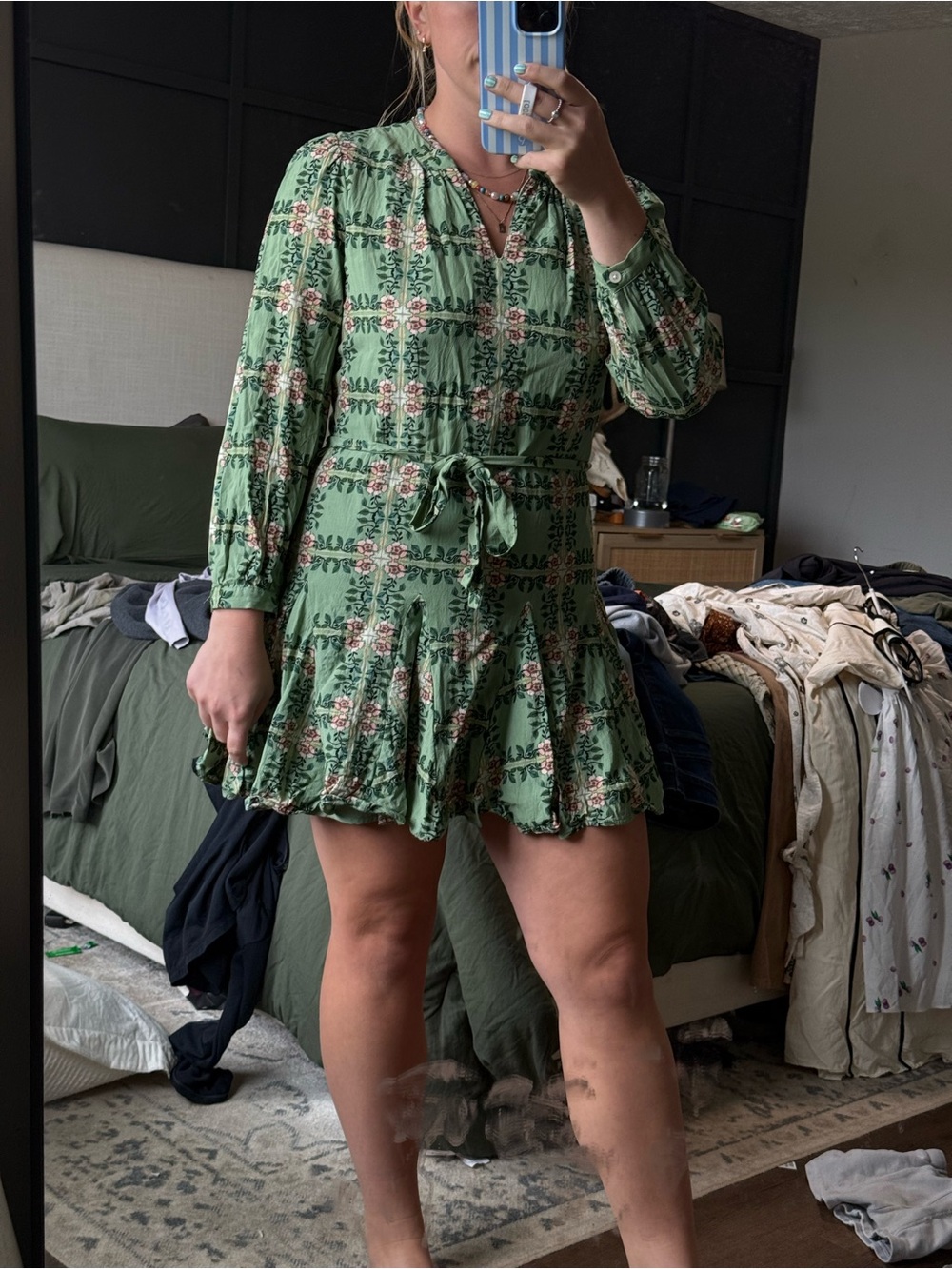 LOFT Green Floral Tie-Front Ruffle Hem Mini Dress